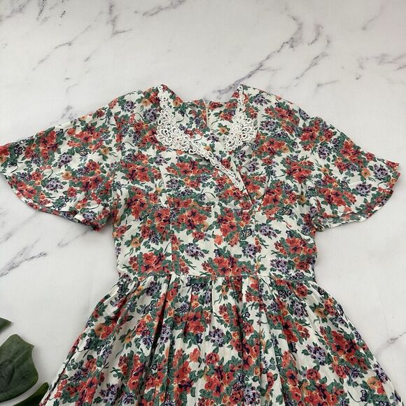 Maggie Lawrence Womens Vintage 90s Floral Dress Size 10 Pink Green Lace Pockets - Picture 3 of 11